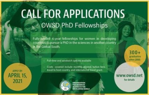 OWSD PhD Fellowships For Women Scientists 2022 (Funded)